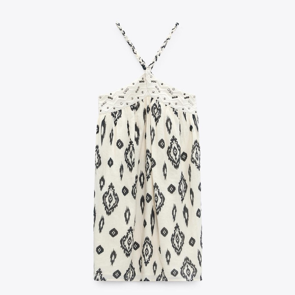 Zara women navy and ecru studded halter mini dress size XS boho